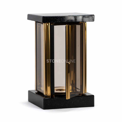 Kwadratowy lampion na nagrobek MIRROW SQUARE GOLD z kamienia naturalnego – trwała lampka cmentarna StoneOnline.