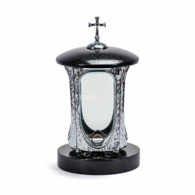 Lampion nagrobny granitowy z korpusem INOX i krzyżem StoneOnline – elegancka ozdoba na cmentarz.
