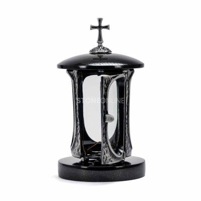 Lampion na nagrobek ze srebrnym korpusem i krzyżem StoneOnline – trwała lampka granitowa.