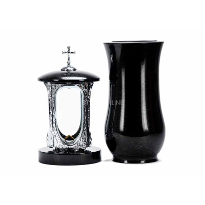 Nowoczesny zestaw granitowy na cmentarz LALUMCROSSINOX + WCLASSIC15 – lampion INOX z krzyżem i klasyczny wazon StoneOnline.