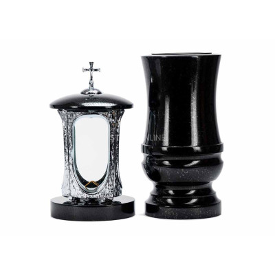 Elegancki zestaw granitowy na cmentarz LALUMCROSSINOX + WDELUX15 – nowoczesny lampion INOX i ozdobny wazon StoneOnline.