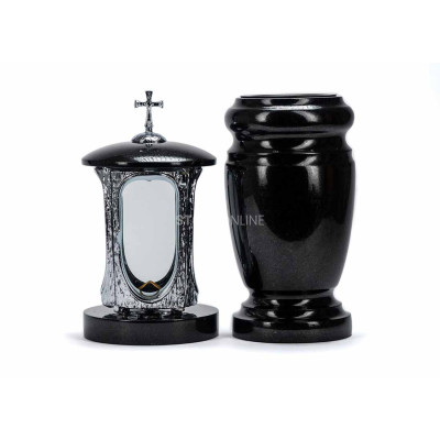 Piękny zestaw granitowy na cmentarz LALUMCROSSINOX + WELEGANT15 – nowoczesny lampion INOX i elegancki wazon StoneOnline.