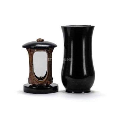 Piękny zestaw granitowy na cmentarz LALUMROSETTECOPPER + WCLASSIC15 – lampion z miedzianą rozetą i klasyczny wazon StoneOnline.