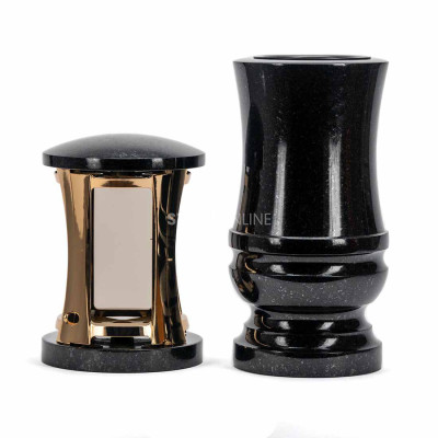 Piękny zestaw granitowy na cmentarz MIRROW ROUND GOLD + WDELUX15 – złoty lampion z efektem lustra i elegancki wazon na kwiaty.
