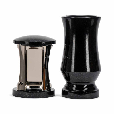 Nowoczesny zestaw na cmentarz MIRROW ROUND SILVER + WTRENDY15 – srebrny lampion i smukły wazon na kwiaty.