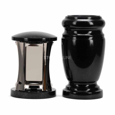 Elegancki zestaw na cmentarz – srebrny lampion MIRROW ROUND SILVER i wazon WELEGANT15 na kwiaty.