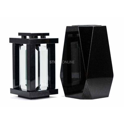 Nowoczesny zestaw granitowy na cmentarz – lampion LPREMIUM i masywny wazon WDIAMOND15 na kwiaty.