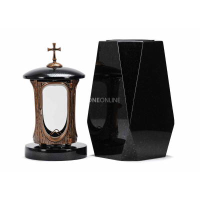 Lampion LALUMCROSSCOPPER i masywny wazon WDIAMOND15 – trwały zestaw granitowy na cmentarz.