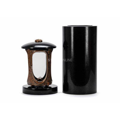 Miedziany lampion LALUMROSETTECOPPER i smukły wazon WTUBA15 – stylowy zestaw granitowy na cmentarz.