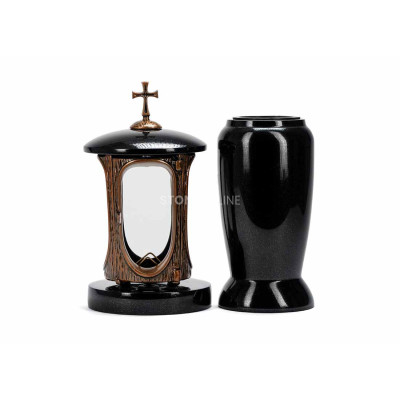 Miedziany lampion LALUMCROSSCOPPER i wazon WELEGANT12 – elegancki zestaw granitowy na cmentarz.