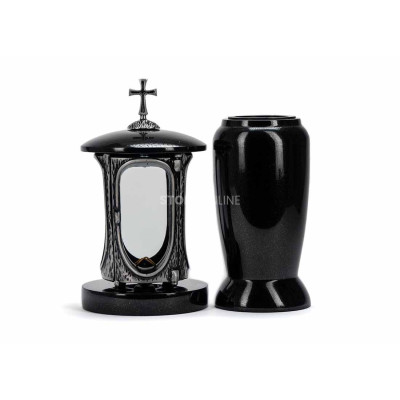 Srebrny lampion LALUMCROSSSILVER i wazon WELEGANT12 – nowoczesny zestaw granitowy na cmentarz.
