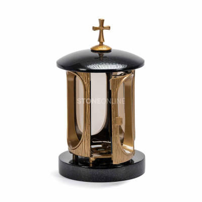 Lampion na cmentarz ze złotym krzyżem StoneOnline – elegancka ozdoba nagrobna.