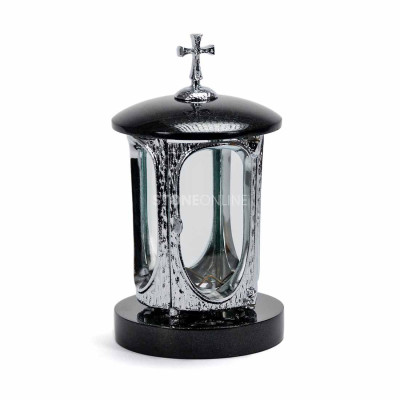 Lampion nagrobkowy z kamienia naturalnego INOX z krzyżem StoneOnline – trwały znicz na cmentarz.