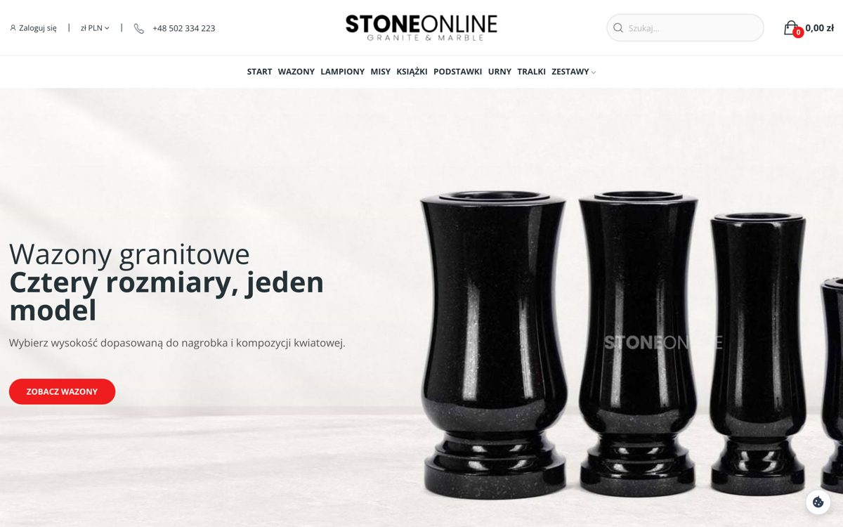 Sklep internetowy StoneOnline &mdash; strona gł&oacute;wna z wazonami granitowymi